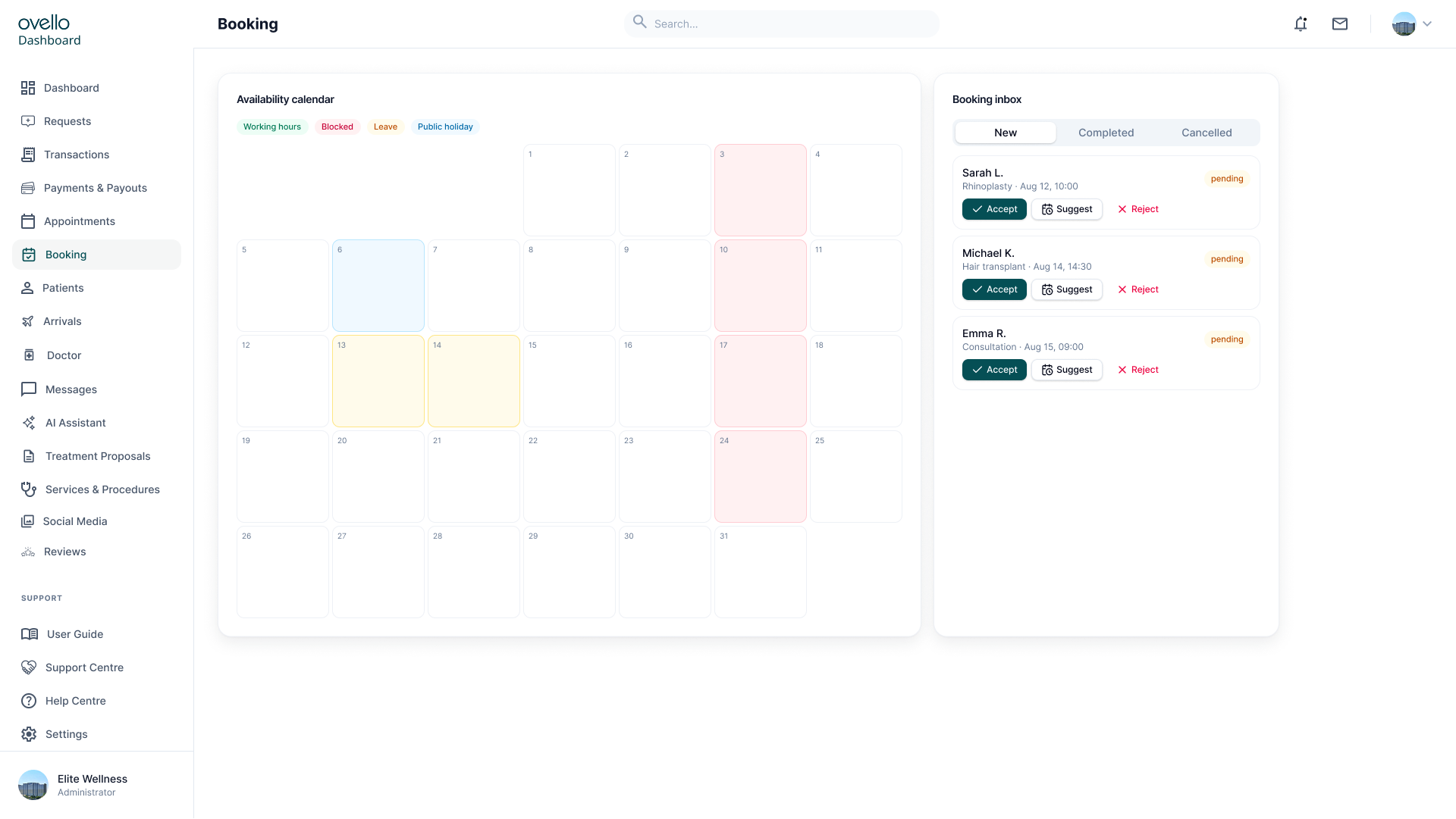 Ovello booking and appointments calendar